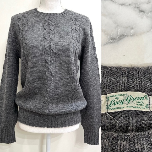 Vintage Evergreen Knitwear 100% wool gray cable knit crewneck fisherman sweater - Picture 1 of 9